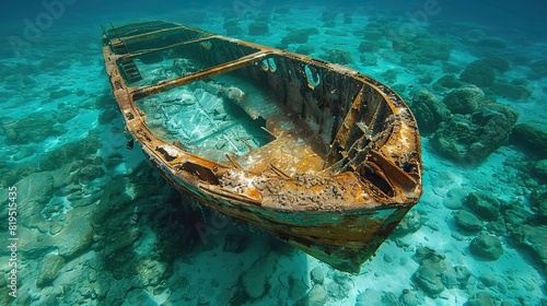 An old  rusted ship lying on its side in shallow  turquoise waters..illustration graphic