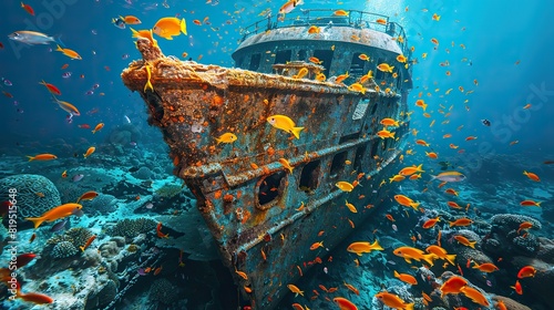 A shipwreck under the sea, covered in colorful coral and teeming with fish..stock photo photo