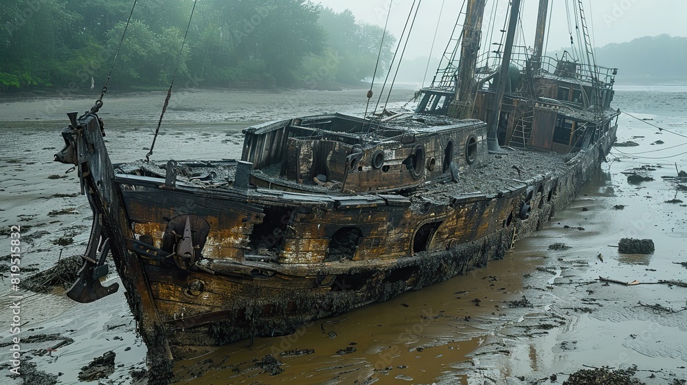 The remnants of a wooden sailing ship, with its masts jutting out of the water..illustration The remnants of a wooden sailing ship, with its masts jutting out of the water..illustration