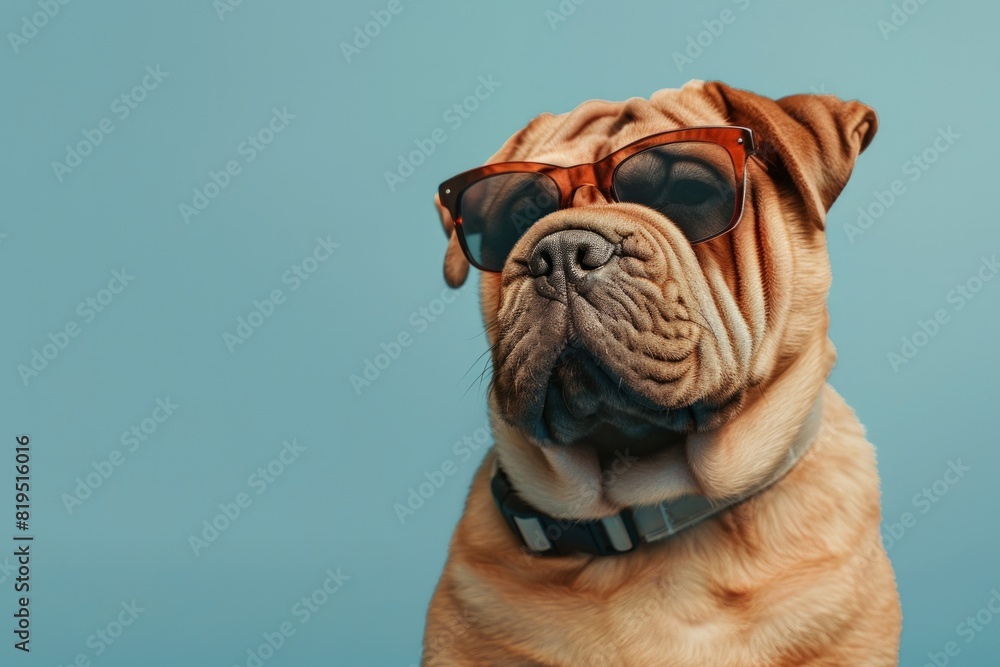 Shar pei dog wearing sunglasses isolated on blue background
