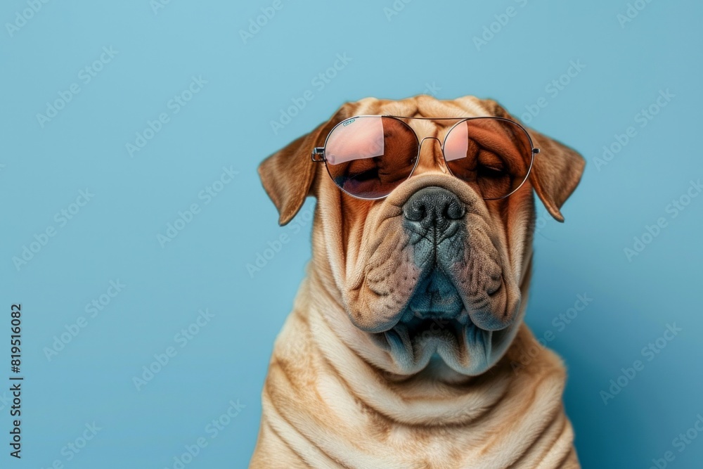 Shar pei dog wearing sunglasses isolated on blue background Shar pei dog wearing sunglasses isolated on blue background
