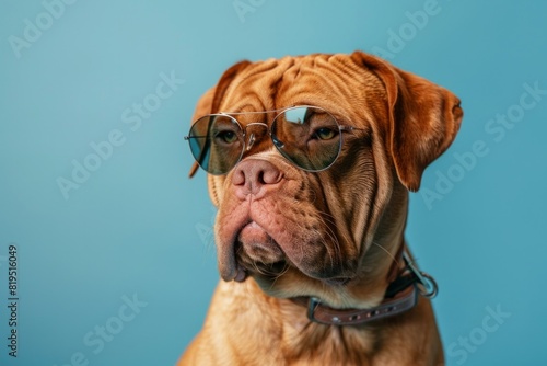 Shar pei dog wearing sunglasses isolated on blue background © wanna