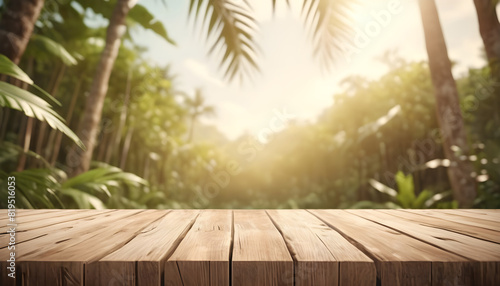 Empty Wooden Table  Lush Green Rainforest Foliage Background