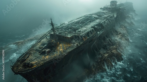 A large freighter, broken in half and lying on the ocean floor..illustration