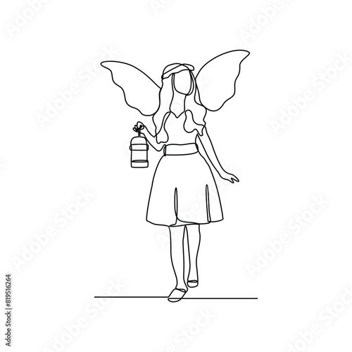 One continuous line drawing of Fairy vector illustration. Fairy design in simple linear continuous style vector concept. A fairy is a mythical being or legendary creature in European folklore.
