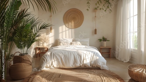 Cozy bohemian bedroom interior featuring white bedding  natural decor elements  indoor plants  and ample sunlight through large windows.