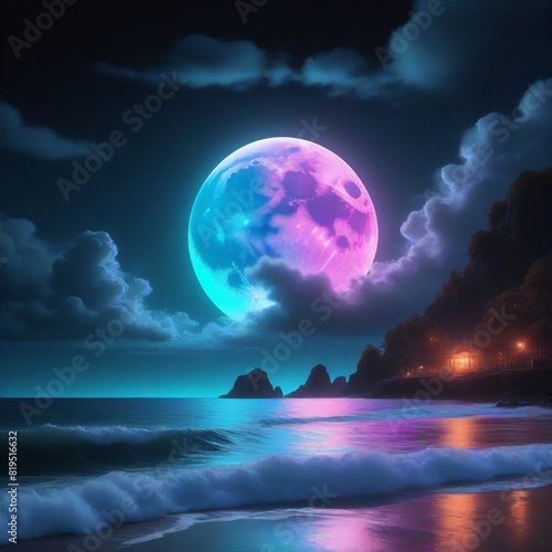 A tranquil beach scene at night  with the ocean waves gently washing onto the shore. A large  bright pink moon is partially obscured by dark clouds  casting a pinkish glow on the water. 