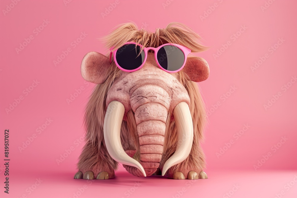 Mammoth with long hair and sunglasses on pink background Mammoth with long hair and sunglasses on pink background