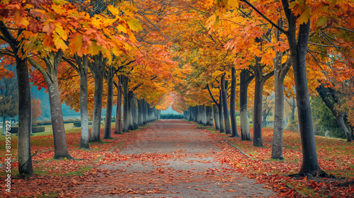 Tree-lined path in the fall, AI Generative