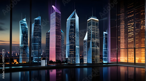 Glossy and artistic neon light effect urban landscapes of modern towering cities and Skyscrapers or Artistic textures and futuristic townscapes ai generative #819517873