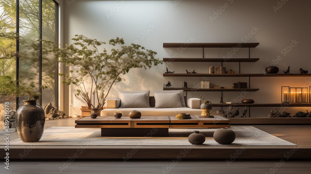 Living Room In Asian Zen Style  with copy space for Commercial Photography