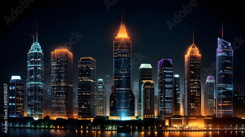 Glossy and artistic neon light effect urban landscapes of modern towering cities and Skyscrapers or Artistic textures and futuristic townscapes ai generative #819518057