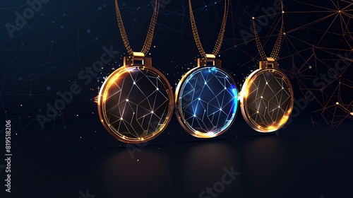 Three Olympic medals in the style of technological and digital, consisted with geometric shape and glowing spots, background image with copy space photo