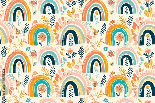 Seamless whimsical rainbow pattern with floral elements on a light background in a playful design