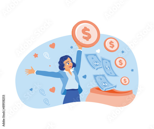Happy young woman holding coins. Earn income from working online. Earning money concept. Flat vector illustration.