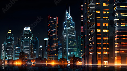 Glossy and artistic neon light effect urban landscapes of modern towering cities and Skyscrapers or Artistic textures and futuristic townscapes ai generative #819518619