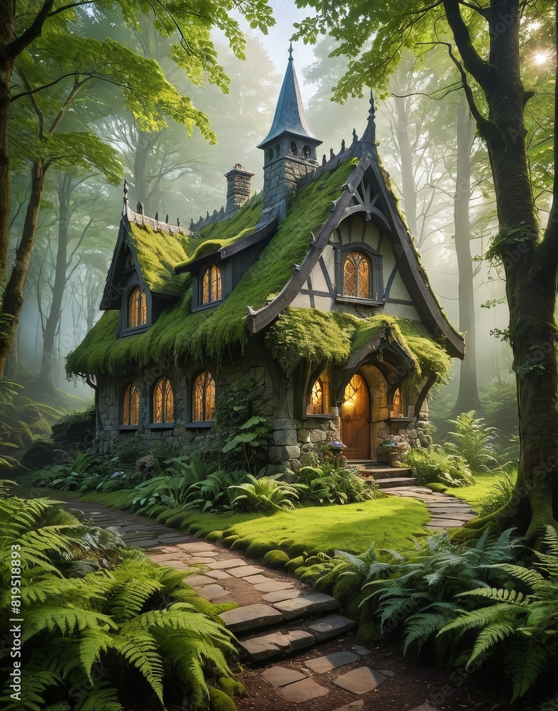 Fototapeta premium Gothic Fairy-Tale Cottage Nestled in an Ancient Lush Forest