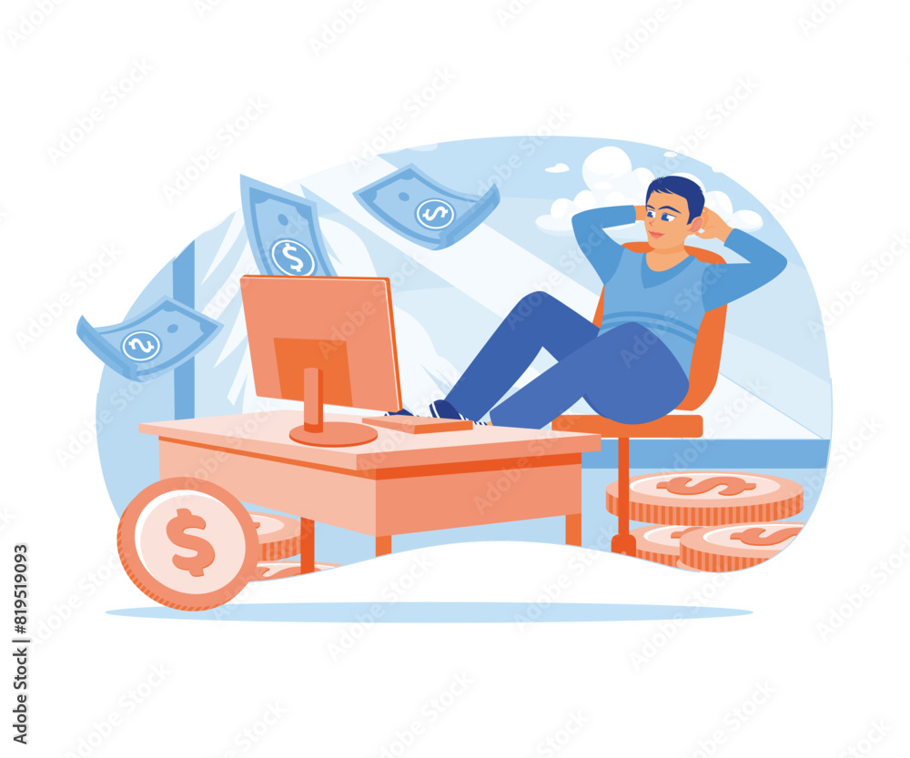 Obraz premium Passive income. Man working from home relaxing and earning money. Earning money concept. Flat vector illustration.