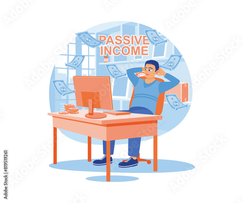 Man working on the computer from home. Earn income online. Passive income concept. Flat vector illustration.
