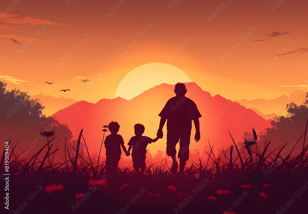 silhouette of elderly man holding the hand and walking with his two young sons, sunset background, father's day, parenthood, care and love concept