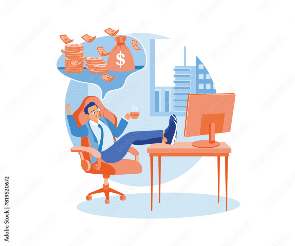 An entrepreneur sits in front of a computer. Dreaming of a lot of income online. Passive income concept. Flat vector illustration. An entrepreneur sits in front of a computer. Dreaming of a lot of income online. Passive income concept. Flat vector illustration.