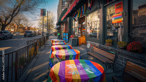 A street corner coffee shop with pride flags as tablecloths on each outdoor table © Ayesha ibrahim