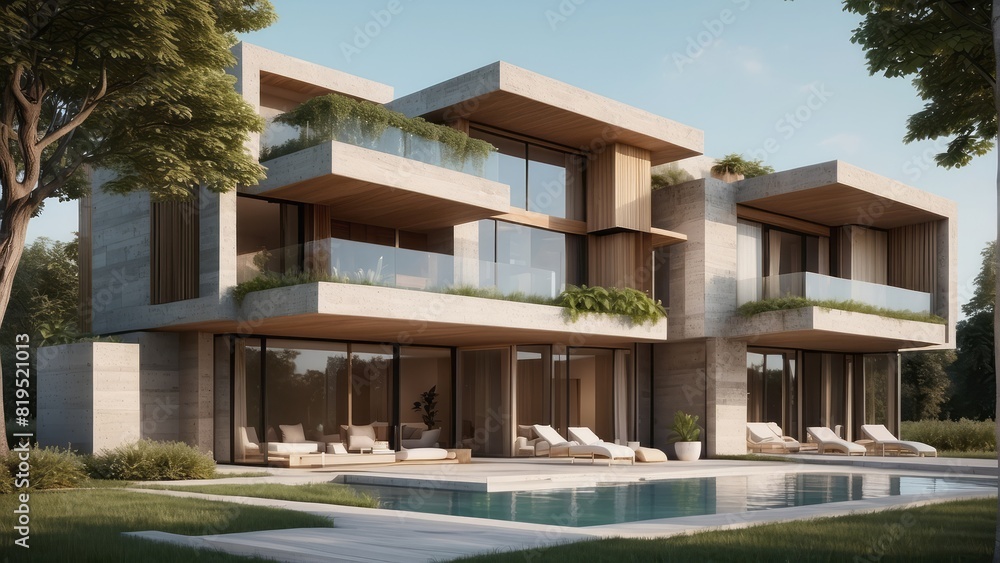 Architecture modern villa with unique facade, Exterior 3D building design illustration