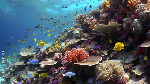  A vibrant coral reef teeming with colorful fish and marine life, captured in HD  © Rabaila
