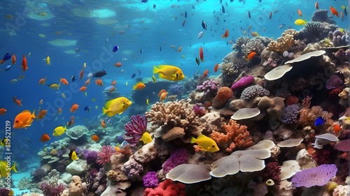  A vibrant coral reef teeming with colorful fish and marine life  captured in HD 