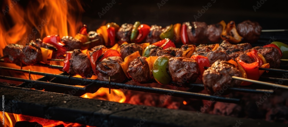 cooked meat on the grill near a large fire