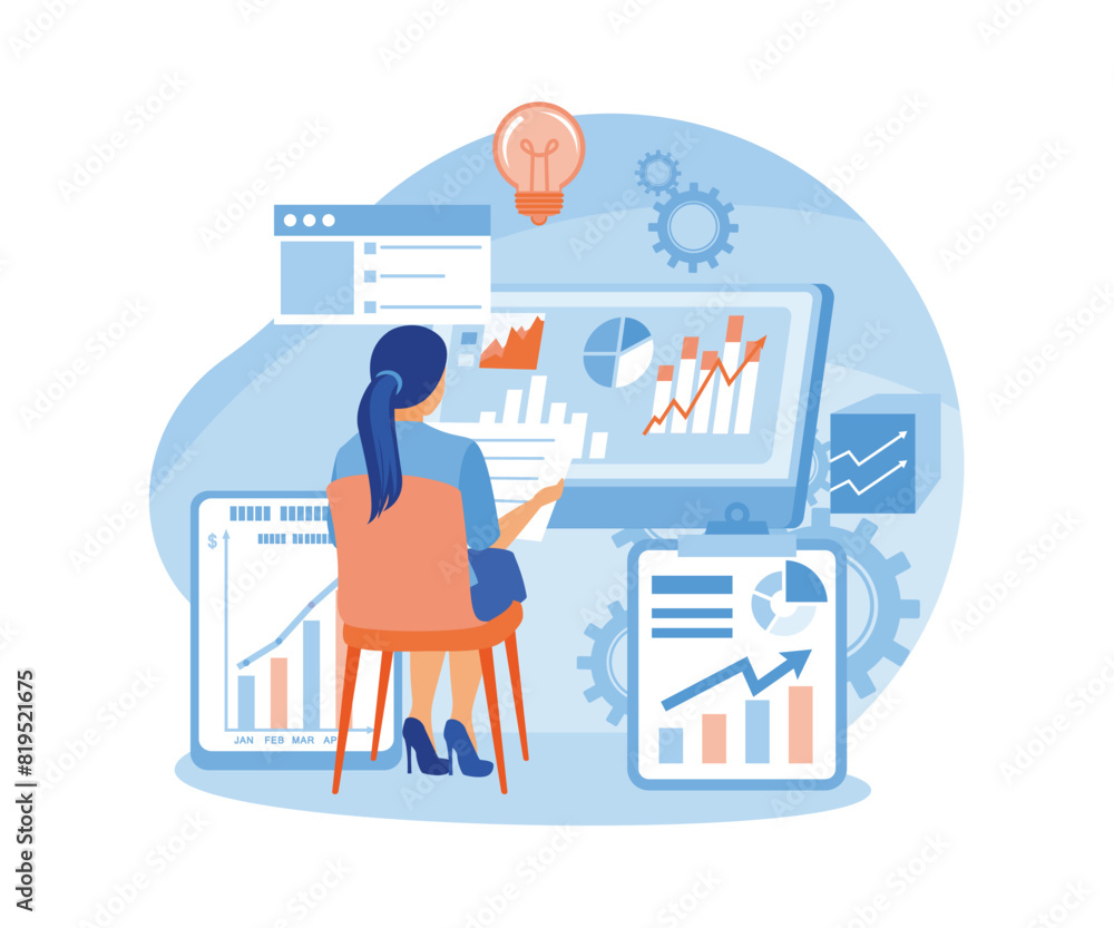 Women analyzing business data. Develop company strategies to increase revenue. Business Intelligence concept. Flat vector illustration. Women analyzing business data. Develop company strategies to increase revenue. Business Intelligence concept. Flat vector illustration.
