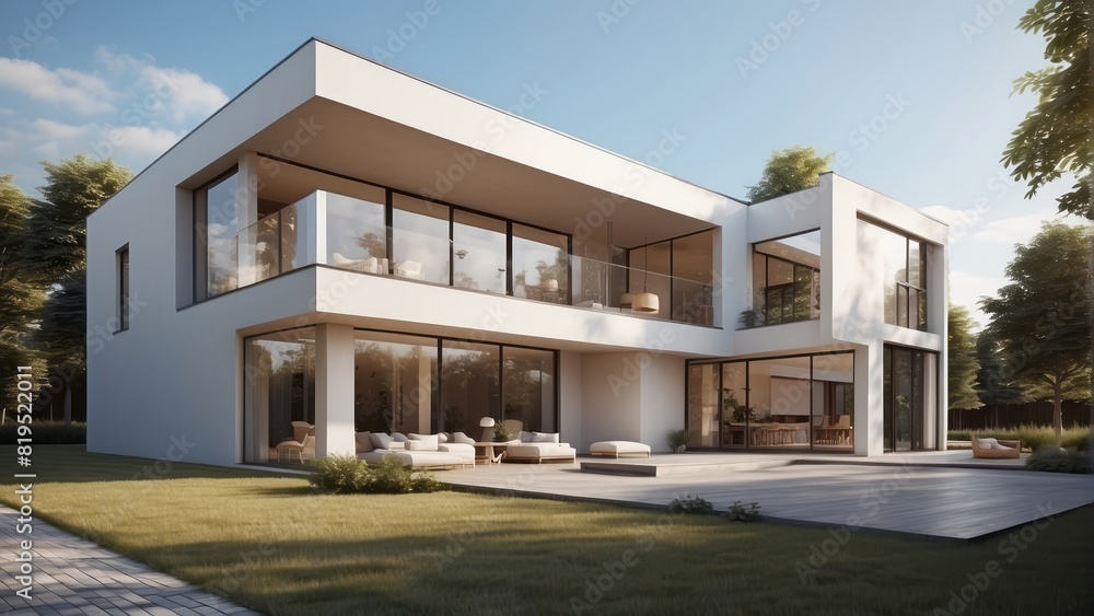 Architecture modern house with flat roof, Exterior 3D building design illustration Architecture modern house with flat roof, Exterior 3D building design illustration