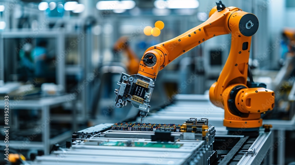 Robotic arm assembling electronics in a high-tech factory setting