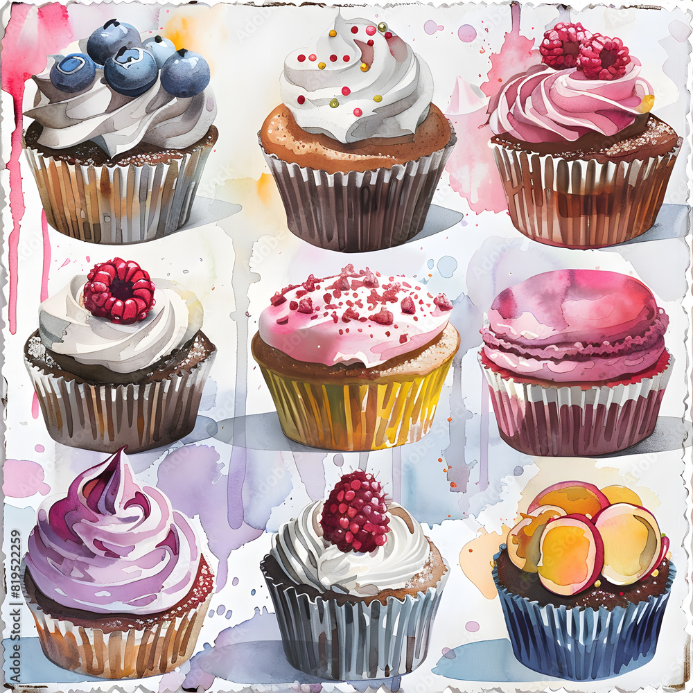 Watercolor painting of cupcakes with various toppings in food art