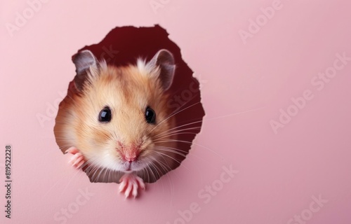 cute hamster sticking its head out from inside a hole on a pink background photo