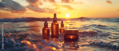 Skincare products beautifully arranged on an ocean surface with a stunning sunset background, embodying natural beauty and serene relaxation. photo