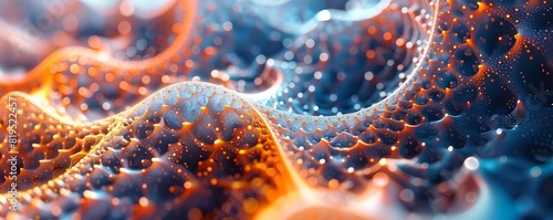 Abstract render of glowing orange and blue plexus shapes resembling microscopic organisms or virus cells photo