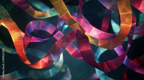 A digital visualization of interwoven geometric ribbons, each ribbon a different vibrant color, floating in a dark void. 32k, full ultra hd, high resolution