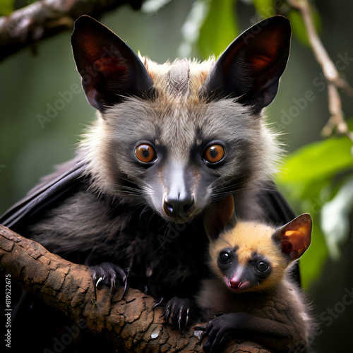 a gray headed flying fox hangs with a young pup