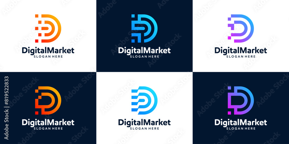 Set of D digital logo design template. Geometric vector Shape with Square Pixel Dots. Abstract symbol icon logo for Technology business Set of D digital logo design template. Geometric vector Shape with Square Pixel Dots. Abstract symbol icon logo for Technology business