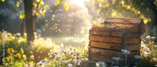Sunlit beehive in beautiful meadow with bees flying around, set against a backdrop of lush greenery and flowering plants, conveying serenity.
