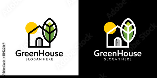 Modern green house logo design template. Home building logo with leaf and sun graphic design with a line style model icon vector