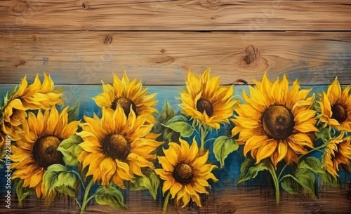 sunflowers on an old wooden background  in the style of wood  decorative borders  decorative