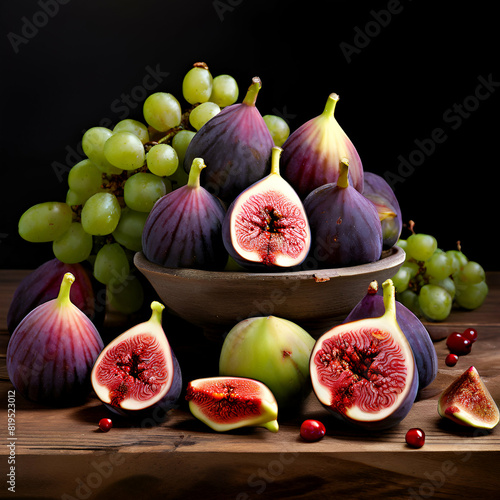 a cluster of figs perched atop a wooden table near an assortment of green and purple fruits,generate ai