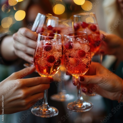 Close-up of hands of party people toasting with glasses of red syrup in elegant meeting office, soft focus bokeh background, capturing a moment of joy and festive celebration