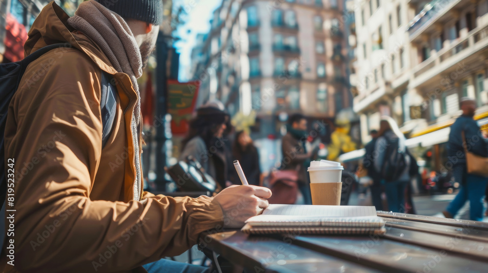 Person enjoying coffee at outdoor café, relaxed with buildings and greenery. In a busy city, a person enjoys coffee at an outdoor table. Person enjoying coffee at outdoor café, relaxed with buildings and greenery. In a busy city, a person enjoys coffee at an outdoor table.