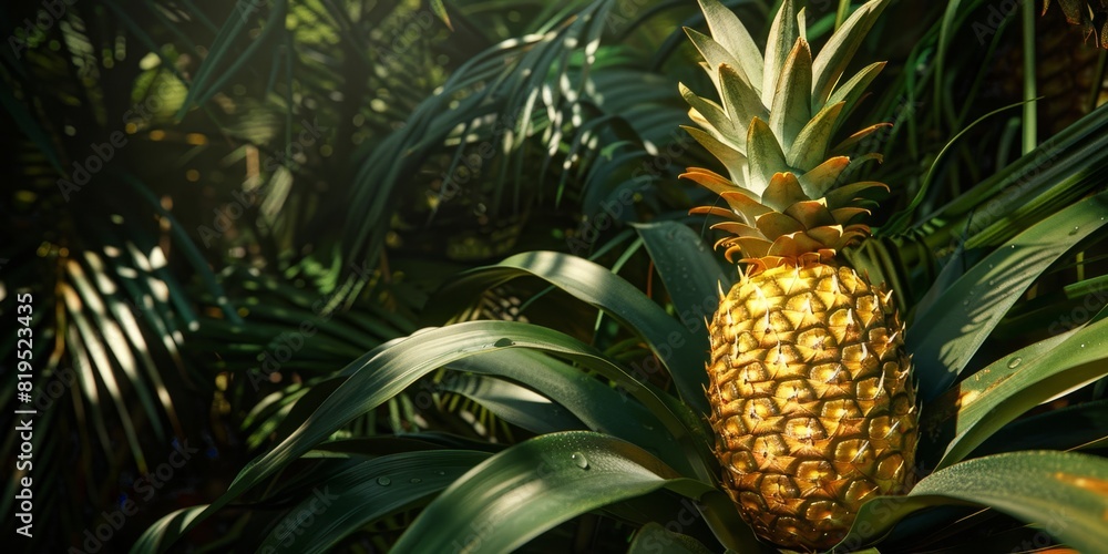 Obraz premium Golden Pineapple with its textured skin and spiky leaves, set against a tropical background. 