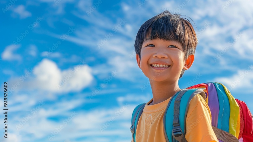 Confident Young Asian Schoolboy Walking Towards Camera with Colorful Backpack Under Clear Blue Sky - Ample Copy Space Confident Young Asian Schoolboy Walking Towards Camera with Colorful Backpack Under Clear Blue Sky - Ample Copy Space