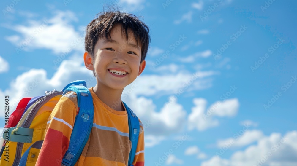 Confident Young Asian Schoolboy Smiling with Colorful Backpack under Blue Sky - Back to School Concept