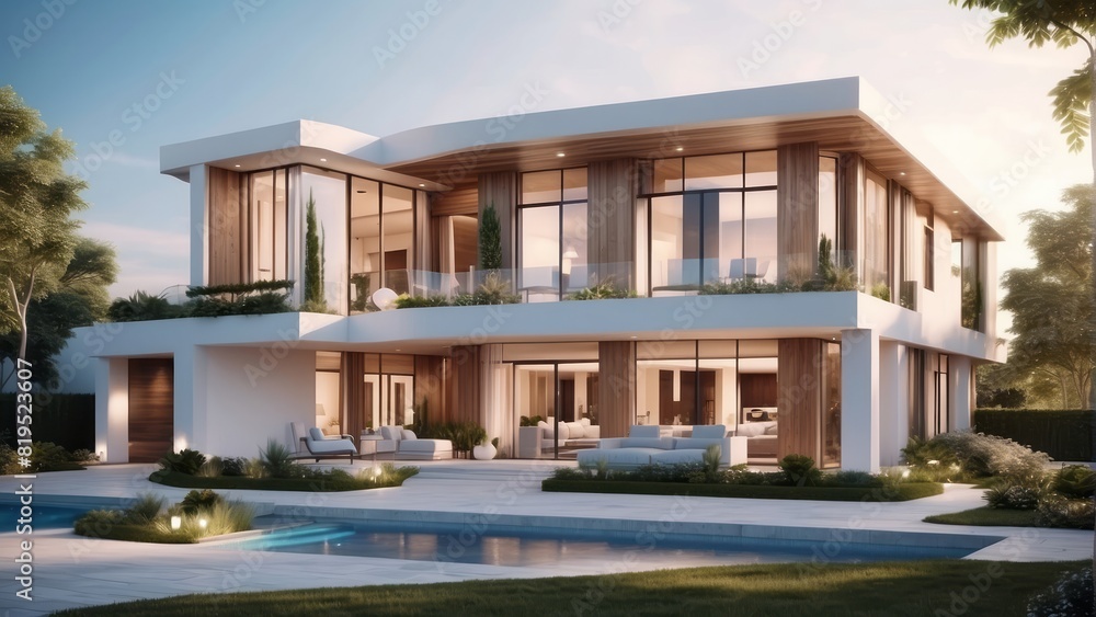 Architecture modern luxury home with large window, Exterior 3D building design illustration Architecture modern luxury home with large window, Exterior 3D building design illustration